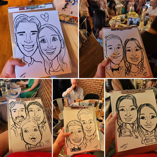 Live Strolling Speed Sketchers Wedding Reception Caricatures - Chapel Hill, NC